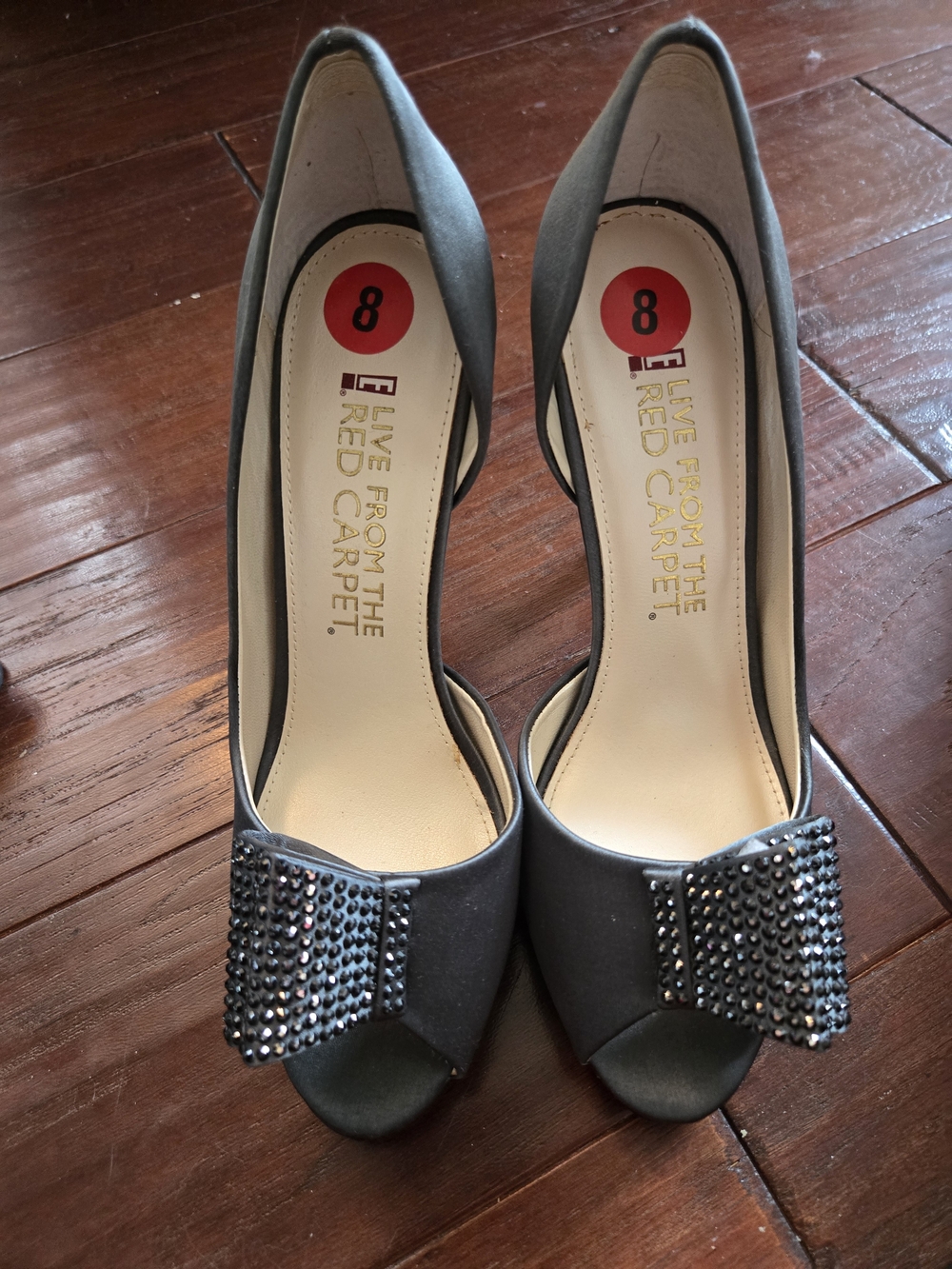 Gray Crystal-Embellished Peep-Toe Heels